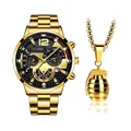 Set orologio da uomo in acciaio dorato e collana con ciondolo a granata per il business - Orologio E Collana a Granata / Quadrante Nero Oro (Stile 2)
