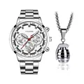 Set orologio al quarzo da uomo in argento con quadrante bianco e collana con granata - Orologio E Collana a Granata / Quadrante Bianco Argento Crono Simulato (Stile 9)