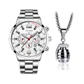 Dettaglio orologio argento da uomo e collana con ciondolo a granata su fondo bianco - Orologio E Collana a Granata / Quadrante Bianco Argento Tre Occhi (Stile 7)