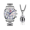 Set regalo orologio al quarzo argento multi-quadrante e collana pendente granata - Orologio E Collana a Granata / Quadrante Bianco Argento Lancette Blu (Stile 5)
