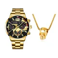 Heren horloge in goud met lichtgevende wijzers en hiphop schedel ketting set - Horloge En Ketting / Goud (Zwarte Wijzerplaat)