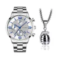 Orologio argento in acciaio con calendario e collana con ciondolo a granata - Orologio E Collana a Granata / Quadrante Bianco Argento (Stile 3)