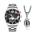 Set uomo: orologio al quarzo in acciaio argento e collana con ciondolo a granata - Orologio E Collana a Granata / Quadrante Nero Argento (Stile 1)