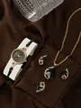 Women's quartz watch and jewelry set with black teardrop stone in rose gold finish - Peacock Style Watch Necklace Ring Earrings / Black