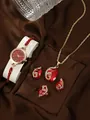 Elegant gold quartz watch set with red teardrop crystals and matching jewelry set - Peacock Style Watch Necklace Ring Earrings / Red
