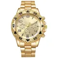 Detailed macro view of a men's gold stainless steel business watch with a large blue dial - Gold Dial Gold Case