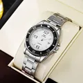 Detail view of the silver stainless steel watch with white dial and date window - Silver Steel Band White Dial