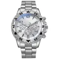 Detail of silver steel men's watch with white multi-dial and luminous blue glass - White Dial Silver Case