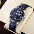 Men's blue quartz business watch with silver case and blue leather strap in gift box - Blue Dial Blue Leather