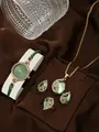 Elegant 5-piece women jewelry set with green dial quartz watch and gold necklace - Peacock Style Watch Necklace Ring Earrings / Green