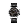 Macro detail of business quartz watch with three sub-dials and moon phase window - Black Face Black Strap