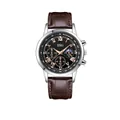 Macro detail of men's business watch with black dial, Roman numerals, and brown leather strap - Black Face Brown Strap