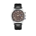 Detailed macro of a business quartz watch with brown sunburst dial and leather strap - Brown Dial Black Strap