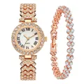 Elegant rose gold quartz watch with Roman numerals and matching rhinestone bracelet set - Rose Gold Watch And Bracelet Style