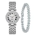 Silver quartz watch and bracelet set with sparkling crystals and Roman numerals - Silver Watch And Bracelet Style