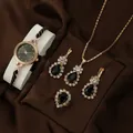 Elegant rose gold jewelry set with quartz watch, pear-cut black stone necklace and rings - Waterdrop Style Watch Necklace Ring Earrings / Black