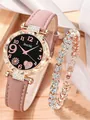 Detail van roze quartz horloge met hartaccenten en bijpassende armband met strassteentjes - Roze Met Roségouden Hart Armband