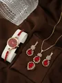Rose gold quartz watch set with red teardrop pendant, earrings and ring on velvet - Waterdrop Style Watch Necklace Ring Earrings / Red