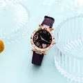 Detail of purple quartz watch with starry dial, rose gold case, and crystal accents - Purple With Rose Gold Heart Bracelet