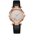 Women's quartz watch with starfish dial, rose gold rhinestone bezel and black leather strap - Black (waterproof Edging)