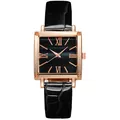 Macro view of square rose gold watch case with Roman numeral dial and black leather strap - Black