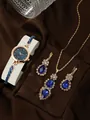 Blue quartz watch set with gold plating, water drop sapphire necklace and earrings - Waterdrop Style Watch Necklace Ring Earrings / Blue