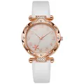 Close-up of rose gold watch case featuring rhinestone bezel and floral patterned dial - White (waterproof Edging)