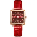 Macro detail of the square rose gold case with red dial and embossed crocodile leather strap - Red