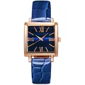 Detail view of square rose gold watch with dark blue leather strap and Roman numerals - Blue