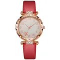 Macro detail of rose gold quartz watch with floral dial and red leather strap - Peach (Waterproof Edge)