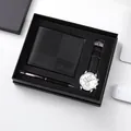 Coffret cadeau d'affaires pour hommes avec portefeuille en cuir noir, montre et stylo - Coffret Boîtier Argent Cadran Blanc