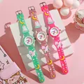 Detail of 3D embossed silicone straps featuring unicorns and castles on kids watches - Pony