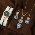 Elegant 5-piece gold jewelry set with blue water-drop gems and quartz watch - Waterdrop Style Watch Necklace Ring Earrings / Sky Blue