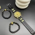 Luxury gold men's watch set with black silicone strap and lion beaded bracelets - Gold Dial And Case Style (With Bracelet)