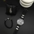 Close-up of men's watch set with black leather feather bracelet and lion head beaded jewelry - Silver Bezel Black Dial Style (With Bracelet)