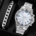 Herren Armbanduhr und Gliederkette Set in einer eleganten schwarzen Geschenkbox - Silber Weiß Mit Armband