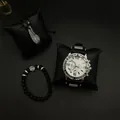 Men's silver quartz watch with matte black beaded lion bracelet and leather wing wristband - Silver Bezel White Dial Style (With Bracelet)