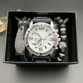 Set regalo orologio da uomo argento con cinturino nero e braccialetto di perline - Stile Ghiera Argentata Quadrante Bianco (Con Bracciale E Scatola)