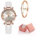 Détail du coffret montre rose doré avec bracelet étoile en cristal et boîte cadeau rose - Montre Bracelet Et Boîte Cadeau / Blanc