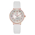 Modern women's quartz watch with white silicone strap and rose gold bezel on white background - White