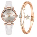 Montre élégante en or rose avec bracelet en cuir blanc et bracelet étoile assorti - Montre Et Bracelet / Blanc