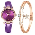 Détail de la montre Amadi en cuir violet et du bracelet jonc or rose avec étoile - Montre Et Bracelet / Violet