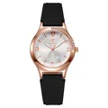 Women's rose gold fashion watch with black silicone strap and floral dial pattern - Black