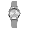 Detail of silver watch dial with floral pattern and grey silicone strap texture - Gray