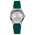 Detailed macro view of the silver sunray dial with floral patterns and green silicone strap - Green