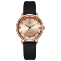 Close-up of rose gold quartz watch with minimalist dial and black silicone strap - Black