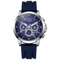 Detailed view of deep blue wave-textured silicone strap and silver polished watch case - Silver Case Blue