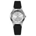Detailed close-up of silver watch dial with floral pattern and black silicone strap - Black