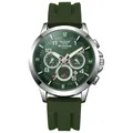 Men's sport watch with army green dial and silicone strap featuring three sub-dials - Silver Case Green Dial