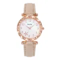 Elegant rose gold women's quartz watch with beige suede strap and floral star dial - Khaki (Matte)